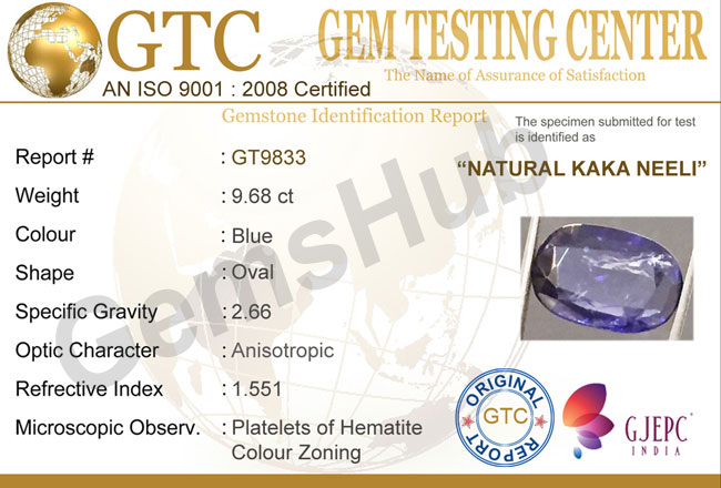 Natural Kaka Neeli Stone 9.68 ct